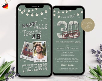 Digitale Einladung Geburtstag grün, ecard 40 50 60 30 Geburtstag Mann Frau, Whatsapp Geburtstagseinladung Retro, personalisierte Karte Handy