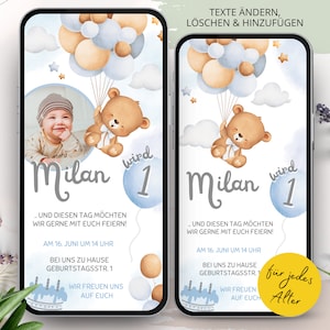 Digitale Einladung 1 Geburtstag, digital personalisierte Einladungskarten zum Kindergeburtstag mit Foto, eCard Einladung Junge WhatsApp blau