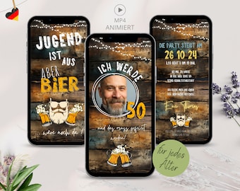 May include: A digital invitation for a 50th birthday party with a rustic wood background and a photo of the birthday person. The text reads "Ich werde 50" and "Die Party steigt am 26.10.24" with a beer mug graphic.