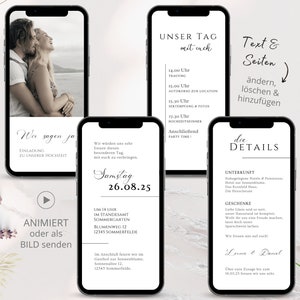 Hochzeitseinladung digital, Einladung Hochzeit digital mit Foto und Ablaufplan, Einladungskarten Hochzeit deutsch, Standesamt Whatsapp weiß