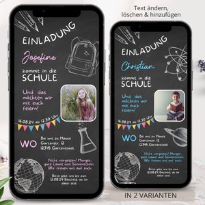 Ecard Einschulung Einladung WhatsApp, Einladung zum Schulanfang, Digitale Personalisierbare Einladungskarte Foto Mädchen Junge, Tafel Kreide