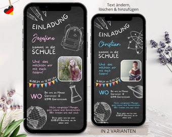 Ecard Einschulung Einladung WhatsApp, Einladung zum Schulanfang, Digitale Personalisierbare Einladungskarte Foto Mädchen Junge, Tafel Kreide
