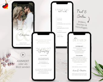 Hochzeitseinladung digital, Einladung Hochzeit digital mit Foto und Ablaufplan, Einladungskarten Hochzeit deutsch, Standesamt Whatsapp weiß
