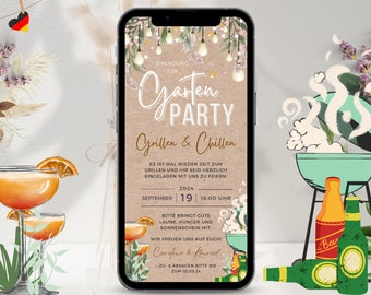 Einladung Gartenparty Geburtstag, digital Einladung zum Grillen Whatsapp Grillparty, Geburtstagseinladung Grillabend, Gartenfest, Cocktail