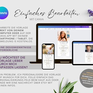 Puede incluir: Una maqueta digital de una pantalla de computadora port&aacute;til que muestra una plantilla de dise&ntilde;o de Canva para una invitaci&oacute;n de boda. La plantilla presenta un c&iacute;rculo dorado con un dise&ntilde;o floral y el texto "Einfading" y "2. September". El texto "Einfaches Bearbeiten mit Canva" se muestra encima de la pantalla de la computadora port&aacute;til.