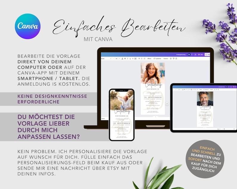 Puede incluir: Una maqueta digital de una pantalla de computadora port&aacute;til que muestra una plantilla de dise&ntilde;o de Canva para una invitaci&oacute;n de boda. La plantilla presenta un c&iacute;rculo dorado con un dise&ntilde;o floral y el texto "Einfading" y "2. September". El texto "Einfaches Bearbeiten mit Canva" se muestra encima de la pantalla de la computadora port&aacute;til.
