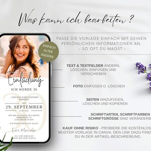 Puede incluir: Una plantilla de invitaci&oacute;n digital para una fiesta de cumplea&ntilde;os n&uacute;mero 30. La plantilla presenta una foto de una mujer, un fondo blanco con texto negro y un borde decorativo. El texto incluye las palabras "Einladung" (alem&aacute;n para invitaci&oacute;n), "Ich werde 30" (alem&aacute;n para cumplo 30 a&ntilde;os), y la fecha "29. September 2025".