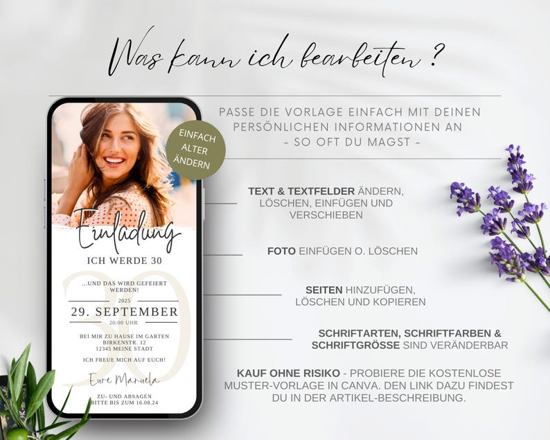 Puede incluir: Una plantilla de invitaci&oacute;n digital para una fiesta de cumplea&ntilde;os n&uacute;mero 30. La plantilla presenta una foto de una mujer, un fondo blanco con texto negro y un borde decorativo. El texto incluye las palabras "Einladung" (alem&aacute;n para invitaci&oacute;n), "Ich werde 30" (alem&aacute;n para cumplo 30 a&ntilde;os), y la fecha "29. September 2025".