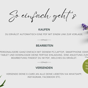 Puede incluir: Un fondo blanco con texto negro que explica c&oacute;mo comprar, editar y enviar una tarjeta digital. El texto en la parte superior dice "So einfach geht's" (Es tan f&aacute;cil). El texto debajo dice "Kaufen" (Comprar), "Bearbeiten" (Editar) y "Versenden" (Enviar).