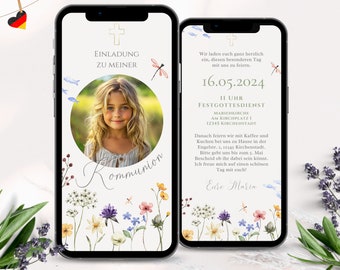 Digitale Einladung Kommunion Mädchen digital, eCard Save the Date Kommunion, Einladungskarte Whatsapp Einladung Erstkommunion, Blumen E-Card