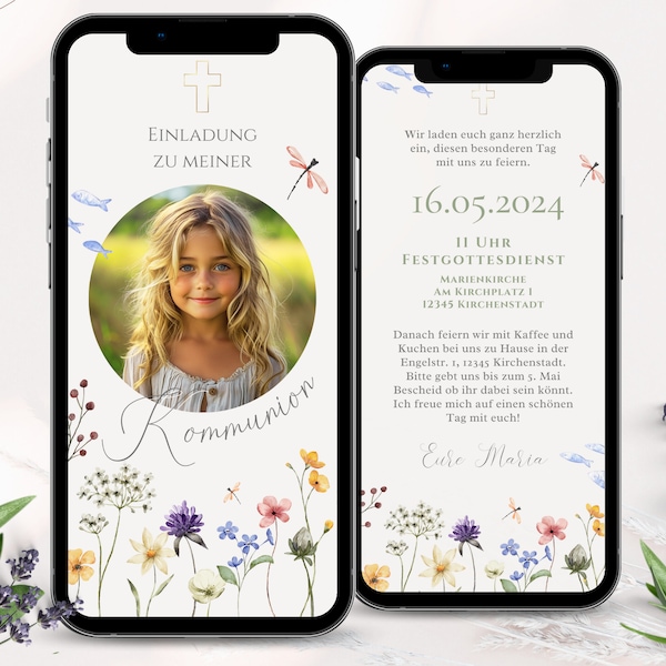 Digitale Einladung Kommunion Mädchen digital, eCard Save the Date Kommunion, Einladungskarte Whatsapp Einladung Erstkommunion, Blumen E-Card