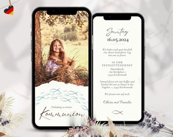 May include: A digital invitation for a Communion celebration. The invitation features a photo of a young girl sitting under a tree, a blue fish design, and the text "Einladung zu meiner Kommunion" (Invitation to my Communion). The invitation also includes the date and time of the event, the location of the church, and the address for the reception.