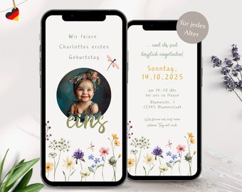 Digitale Einladung 1 Geburtstag, digital personalisierte Einladungskarten zum Kindergeburtstag mit Foto, eCard Einladung Mädchen WhatsApp