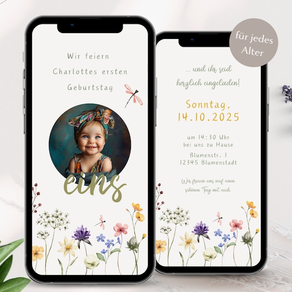 Digitale Einladung 1 Geburtstag, digital personalisierte Einladungskarten zum Kindergeburtstag mit Foto, eCard Einladung Mädchen WhatsApp