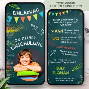 Ecard Einschulung Einladung WhatsApp, Einladung zum Schulanfang, Digitale Personalisierbare Einladungskarte Foto Mädchen Junge, Tafel Kreide