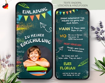Ecard Einschulung Einladung WhatsApp, Einladung zum Schulanfang, Digitale Personalisierbare Einladungskarte Foto Mädchen Junge, Tafel Kreide