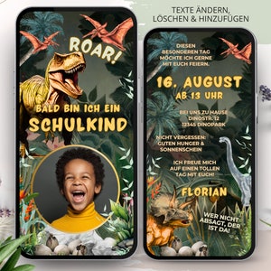 Dino Einladung Einschulung digital, Einladung Schulanfang, Einladungskarten Schuleinführung Junge Dinosaurier Whatsapp personalisierte Ecard