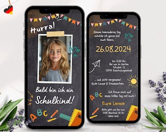 Ecard Einschulung Einladung WhatsApp, Einladung zum Schulanfang, Digitale Personalisierbare Einladungskarte Foto Mädchen Junge, erste Klasse