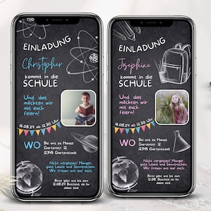 Ecard Einschulung Einladung WhatsApp, Einladung zum Schulanfang, Digitale Personalisierbare Einladungskarte Foto Mädchen Junge, Tafel Kreide