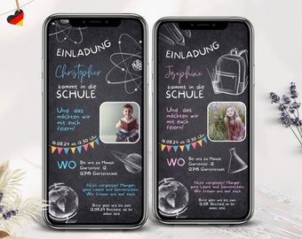 Ecard Einschulung Einladung WhatsApp, Einladung zum Schulanfang, Digitale Personalisierbare Einladungskarte Foto Mädchen Junge, Tafel Kreide