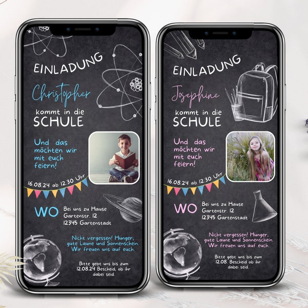 Ecard Einschulung Einladung WhatsApp, Einladung zum Schulanfang, Digitale Personalisierbare Einladungskarte Foto Mädchen Junge, Tafel Kreide