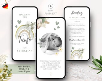 Ecard Einladung Taufe digital, Taufeinladung mit Foto, Whatsapp animierte Einladungskarten Taufe Mädchen Junge, Regenbogen grün, Boho Blumen