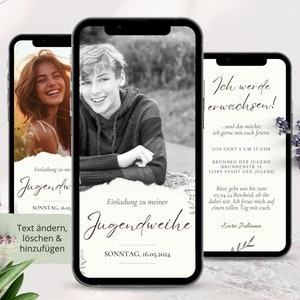 Digitale Einladung Jugendweihe, Einladungskarten Jugendweihe Einladung Mädchen, ecard digitale Jugendweiheeinladung Junge Whatsapp Vorlage