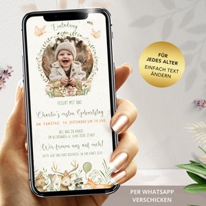 Digitale Einladung Kindergeburtstag Wald, personalisierte Einladungskarten Geburtstag Waldtiere, Vorlage Whatsapp Geburtstagseinladung ecard