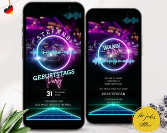 Digitale Einladung Geburtstagsparty Whatsapp, ecard Geburtstags Party modern, Neon Party Einladung 16 18 20 30 Geburtstag 40 50 60 digital