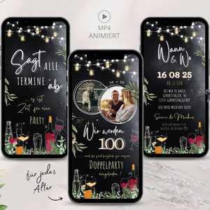 ecard Einladung Doppelgeburtstag 100 Whatsapp, Digital Einladungskarte Doppelparty, 50 60 70 80 90 100 110 120 Gemeinsamer Geburtstag lustig