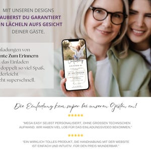 Puede incluir: Dos mujeres sostienen un tel&eacute;fono inteligente que muestra una invitaci&oacute;n digital con una foto de una pareja y el texto "Einladung" en un c&iacute;rculo blanco. El texto "25. Septiembre" est&aacute; debajo del c&iacute;rculo. La invitaci&oacute;n es para una boda.