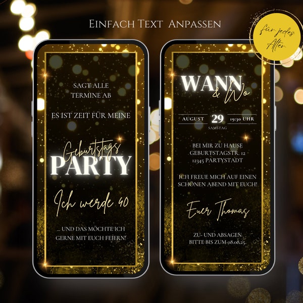 Digitale Einladung Geburtstag Whatsapp, Einladungskarten Geburtstag 40 30 50 60, Geburtstagseinladung digital animiert, ecard Frau Mann Gold