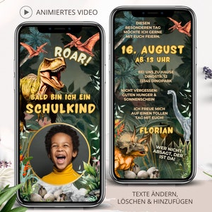 Digitale Einladung Einschulung WhatsApp, Ecard Schulanfang Einladungskarte mit Foto Jungs Mädchen Schulstart, Erste Klasse Schulkind Dino
