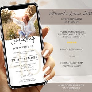 Puede incluir: La pantalla de un tel&eacute;fono inteligente que muestra una invitaci&oacute;n digital para una fiesta de cumplea&ntilde;os n&uacute;mero 40. La invitaci&oacute;n presenta una foto de una mujer en un campo, el texto "Einladung" (alem&aacute;n para "Invitaci&oacute;n") y la fecha "29. SEPTIEMBRE 2025".