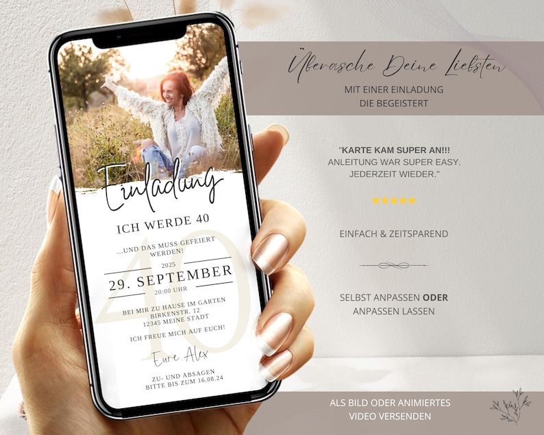 Puede incluir: La pantalla de un tel&eacute;fono inteligente que muestra una invitaci&oacute;n digital para una fiesta de cumplea&ntilde;os n&uacute;mero 40. La invitaci&oacute;n presenta una foto de una mujer en un campo, el texto "Einladung" (alem&aacute;n para "Invitaci&oacute;n") y la fecha "29. SEPTIEMBRE 2025".