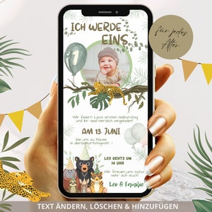 Digitale Einladung Kindergeburtstag, 1. Geburtstag digital personalisierte Einladungskarten Foto, eCard Dschungel Party Einladung Whatsapp