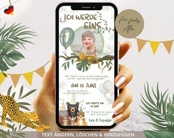 Digitale Einladung Kindergeburtstag, 1. Geburtstag digital personalisierte Einladungskarten Foto, eCard Dschungel Party Einladung Whatsapp