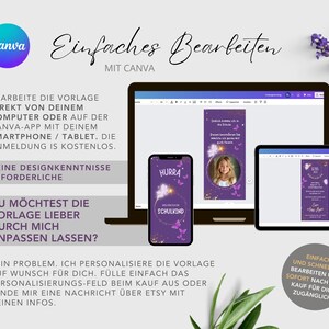 May include: A digital mockup showing how to edit a purple and gold school-themed invitation with butterflies and glitter. The text on the invitation says "Hurra!  Welcome to school". The text on the screen says "Easy to edit with Canva. Edit the template directly from your computer or on the Canva app with your smartphone or tablet. Registration is free. No design skills required. Would you like me to customize the template for you? No problem. I personalize the template for you. Simply fill out the personalization field during checkout or send me a message via Etsy with your information. Easy and quick to edit and available immediately after purchase."