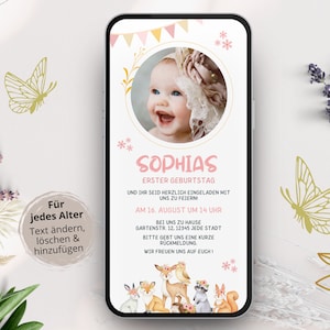 Digitale Einladung Erste Geburtstag, Ecard Einladungskarte Kindergeburtstag Mädchen mit Foto, Whatsapp Kindergeburtstagseinladung, 1. Baby