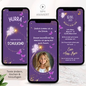May include: Purple animated video invitation with gold glitter and butterflies. The text reads "Hurra! Bald bin ich ein Schulkind." and "Endlich komme ich in die Schule. Diesen besonderen Tag m&ouml;chte ich gerne mit euch feiern."
