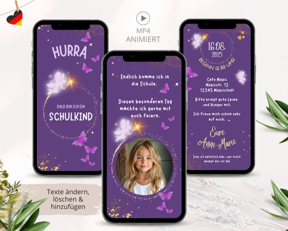Digitale Einladung Einschulung Whatsapp, Einladung Schulanfang Mädchen mit Foto, ecard Einschulung Schuleinführung Vorlage Einladungskarten