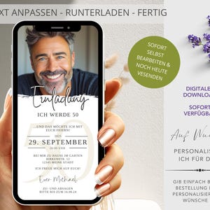 Puede incluir: Una plantilla de invitaci&oacute;n de cumplea&ntilde;os digital con una foto de un hombre con una camisa blanca. La invitaci&oacute;n dice "Einladung" y "Ich werde 50". El texto tambi&eacute;n incluye la fecha "29. September 2025" y la hora "20:00 Uhr".