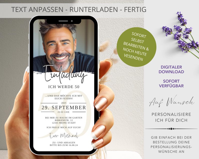 Puede incluir: Una plantilla de invitaci&oacute;n de cumplea&ntilde;os digital con una foto de un hombre con una camisa blanca. La invitaci&oacute;n dice "Einladung" y "Ich werde 50". El texto tambi&eacute;n incluye la fecha "29. September 2025" y la hora "20:00 Uhr".
