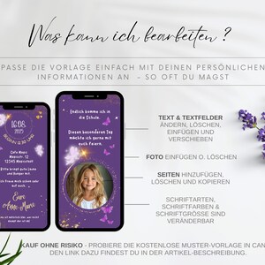 May include: Purple and gold digital invitation with a photo of a girl in a white dress and a butterfly design. The text reads "16.08.2025 BEGINN 12:30 UHR" and "Endlich komme ich in die Schule. Diesen besonderen Tag machte ich gerne mit euch feiern."