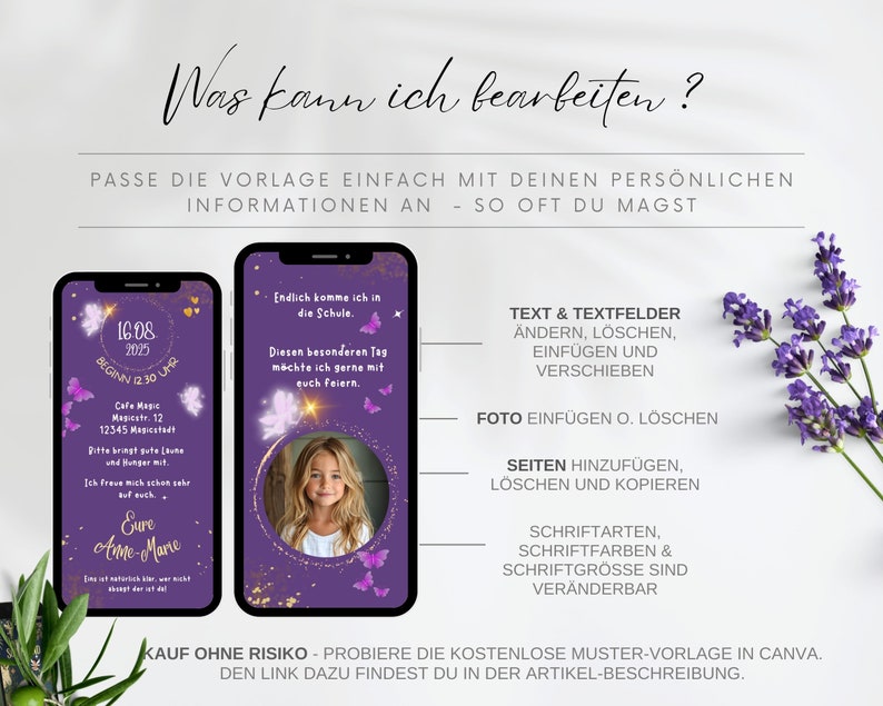 May include: Purple and gold digital invitation with a photo of a girl in a white dress and a butterfly design. The text reads "16.08.2025 BEGINN 12:30 UHR" and "Endlich komme ich in die Schule. Diesen besonderen Tag machte ich gerne mit euch feiern."