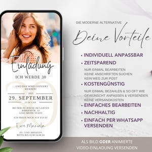 Puede incluir: Una invitaci&oacute;n digital para una fiesta de cumplea&ntilde;os n&uacute;mero 30. La invitaci&oacute;n presenta una foto de una mujer, un fondo blanco con un c&iacute;rculo dorado y el texto "Einladung Ich werde 30" en negro. La fecha de la fiesta es el 29 de septiembre de 2025 a las 8:00 PM. El lugar es el jard&iacute;n de la casa del anfitri&oacute;n, con la direcci&oacute;n indicada. La invitaci&oacute;n tambi&eacute;n incluye el texto "Zu- und Absagen bitte bis zum 16.08.24".