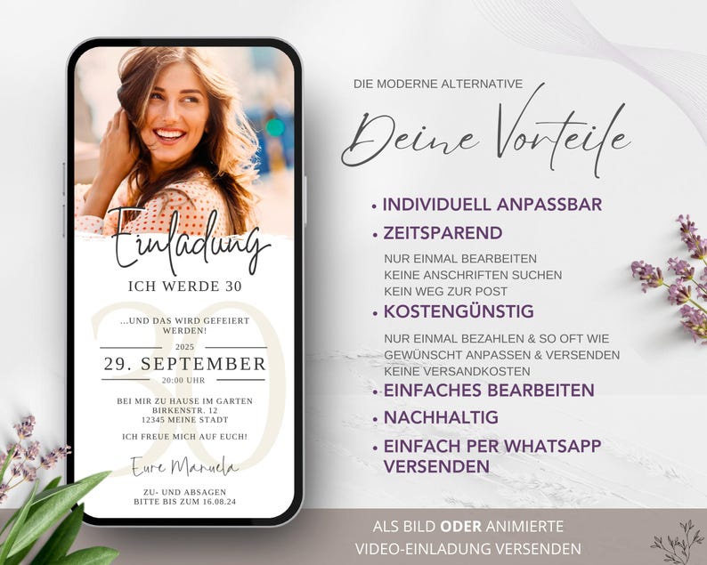 Puede incluir: Una invitaci&oacute;n digital para una fiesta de cumplea&ntilde;os n&uacute;mero 30. La invitaci&oacute;n presenta una foto de una mujer, un fondo blanco con un c&iacute;rculo dorado y el texto "Einladung Ich werde 30" en negro. La fecha de la fiesta es el 29 de septiembre de 2025 a las 8:00 PM. El lugar es el jard&iacute;n de la casa del anfitri&oacute;n, con la direcci&oacute;n indicada. La invitaci&oacute;n tambi&eacute;n incluye el texto "Zu- und Absagen bitte bis zum 16.08.24".