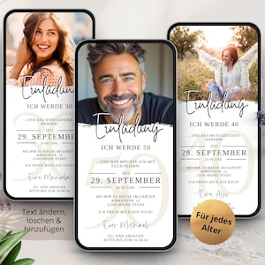 Ecard Digitale Einladung Geburtstag 30 40 50 60, Einladungskarten Geburtstag Frau Mann, Geburtstagseinladung digital mit Foto weiß, Whatsapp