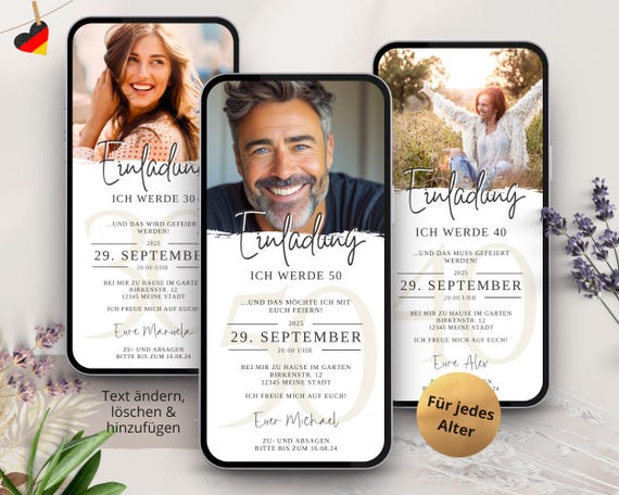 Ecard Digitale Einladung Geburtstag 30 40 50 60, Einladungskarten Geburtstag Frau Mann, Geburtstagseinladung digital mit Foto weiß, Whatsapp