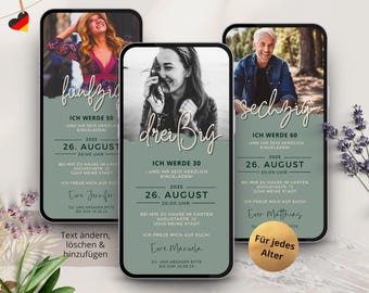 Digitale Einladung Geburtstag 30 40 50 60 70 grün, ECard Geburtstagseinladung Einladungskarten Geburtstag Frau Mann,E-card Whatsapp mit Foto